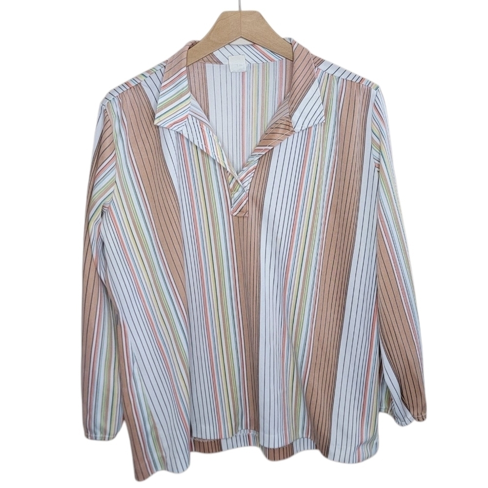 Vintage 70s 80s Colorful Striped Polyester Polo Collared Top